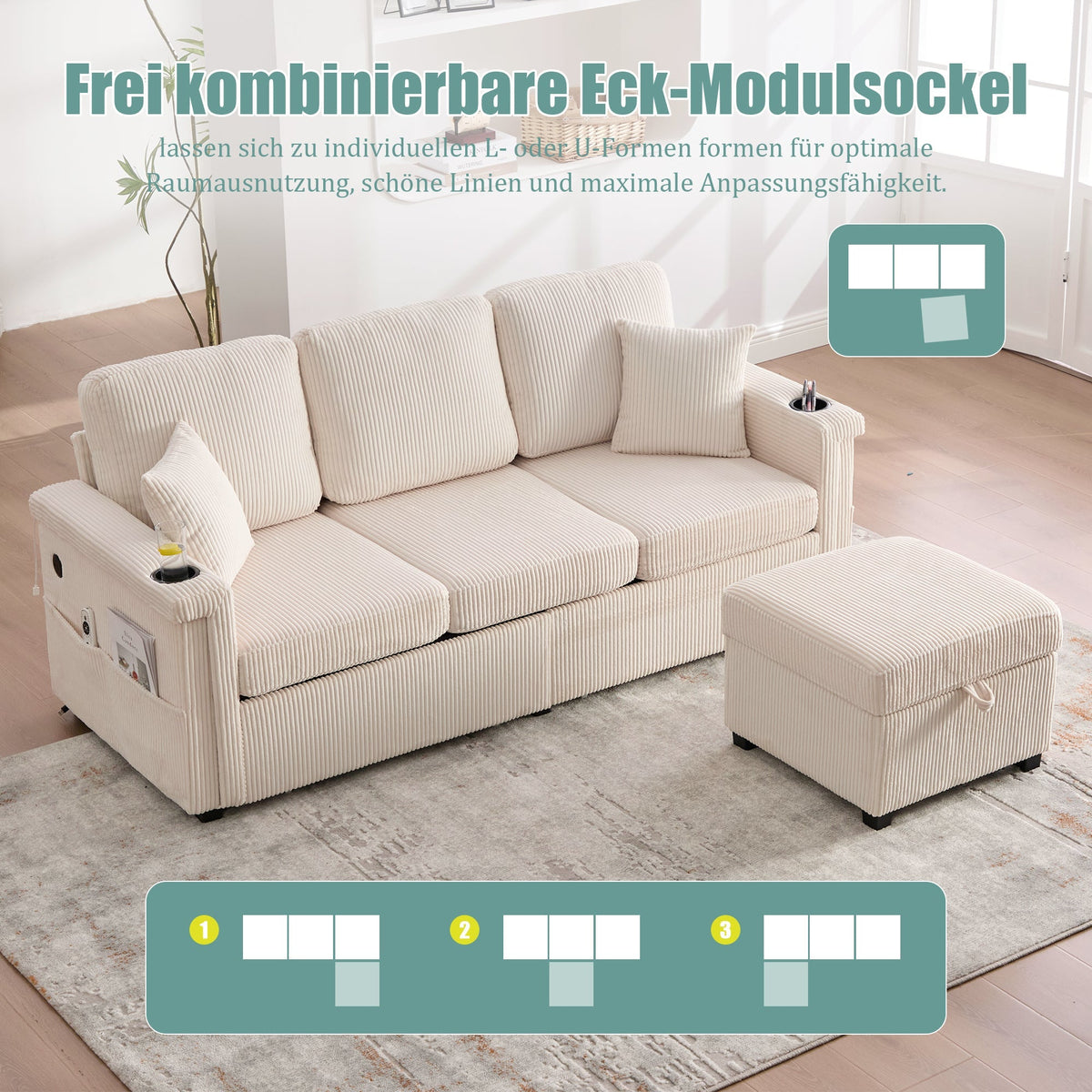 Velvet Sofa, LED USB-C Storage Footrest Cup Holders, Beige