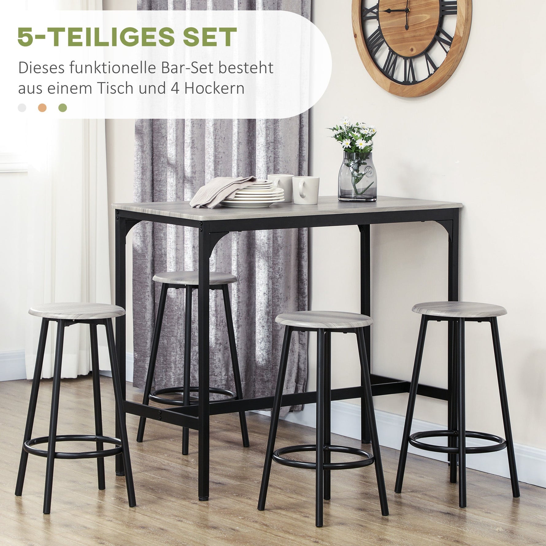 Bar Table with Stool Set, 5-Piece Industrial Design, Metal, Gray
