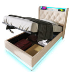 Upholstered Single Bed, 360° LED, Hydraulic Storage, USB-C Charging, White PU