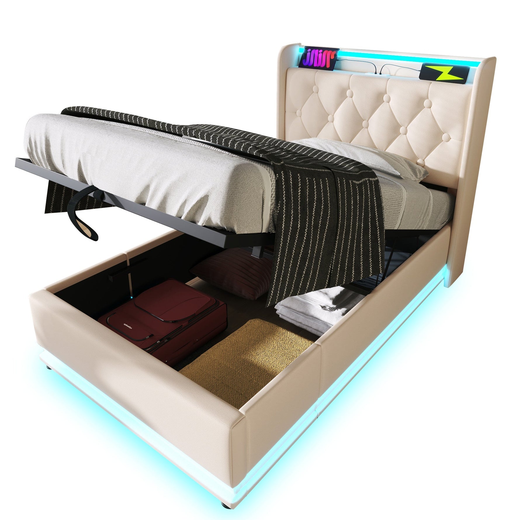 Upholstered Single Bed, 360° LED, Hydraulic Storage, USB-C Charging, White PU