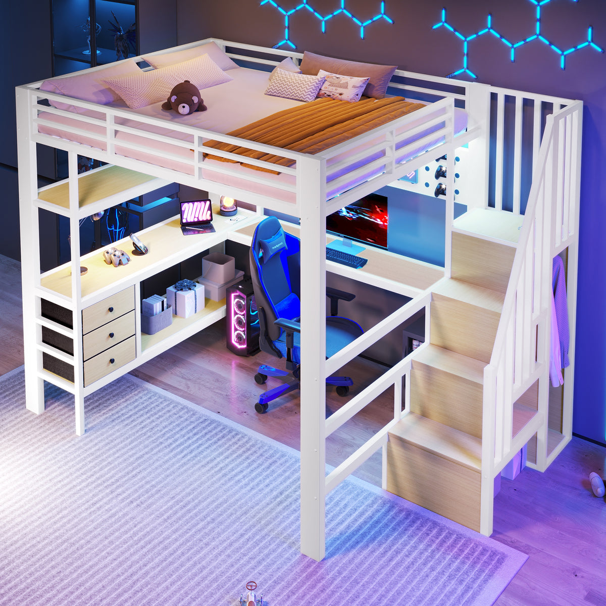 Loft Bed 140x200cm with Desk & Storage, White Metal