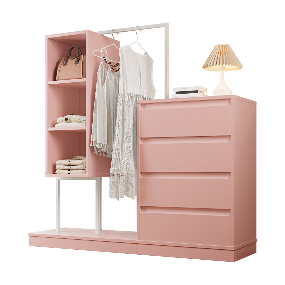 Drawer Cabinet Wardrobe Set, Sideboard Clothes Rail W140/W40/H135, Pink