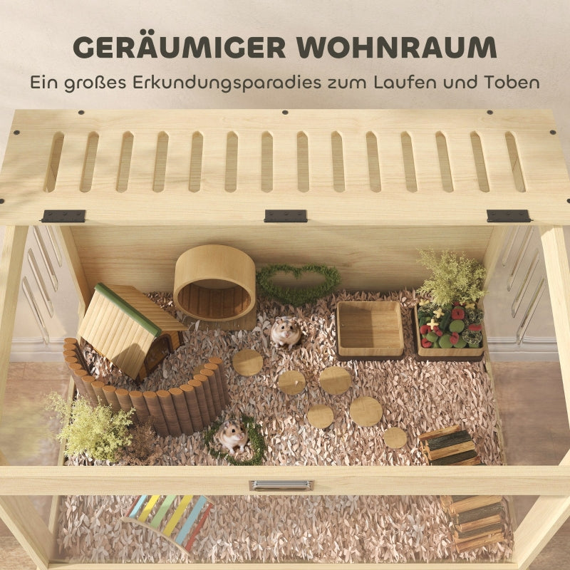 Hamster Cage 2 Tier Rodent Cage, Folding Lid, Natural Wood