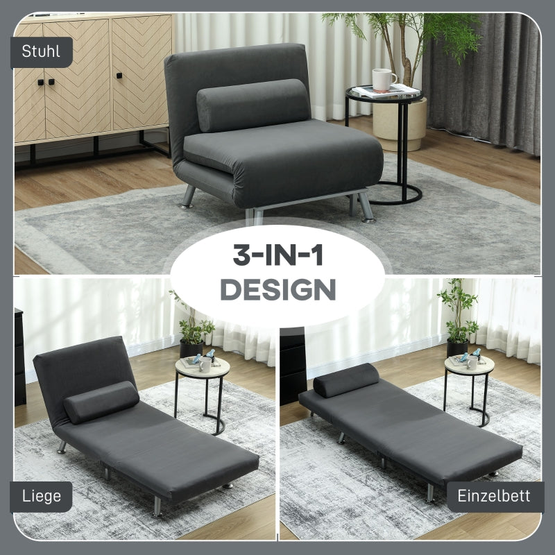 Folding Recliner Chair, Bed Function, Adjustable Backrest, Velvet, Dark Grey