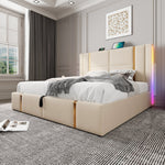 Upholstered Double Bed, USB C LED Storage Frame, Beige Linen
