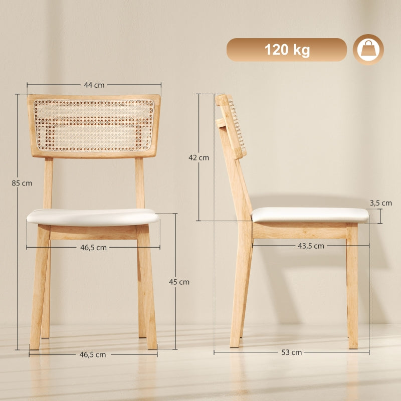 Dining Chair, Rattan Backrest, Faux Leather Seat, Rubber Wood, Natural Wood