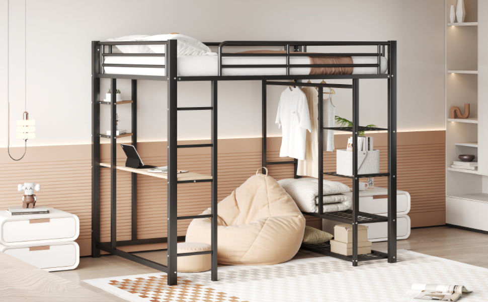 Metal Loft Bed, 140x200 cm, with Ladder, Table, and Storage, Black