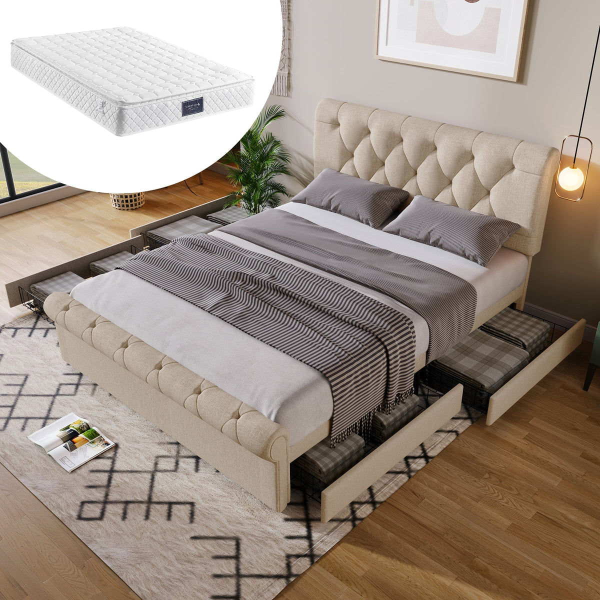 Double Upholstered Bed 140x200cm 4 Drawers Adjustable Headboard With Mattress - Natural