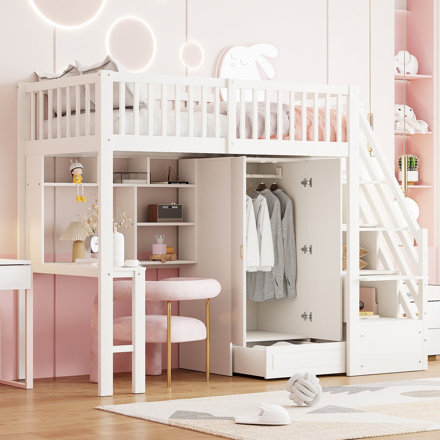 Loft Bed with Wardrobe, Shelf, Table & Storage Stairs, Wooden, White