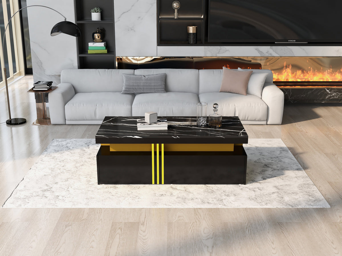 Modern Rectangular Coffee Table with 2 Drawers, High-Gloss and Marble