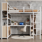 Iron Loft Bed, Double Storage, Wardrobe, White & Natural Iron