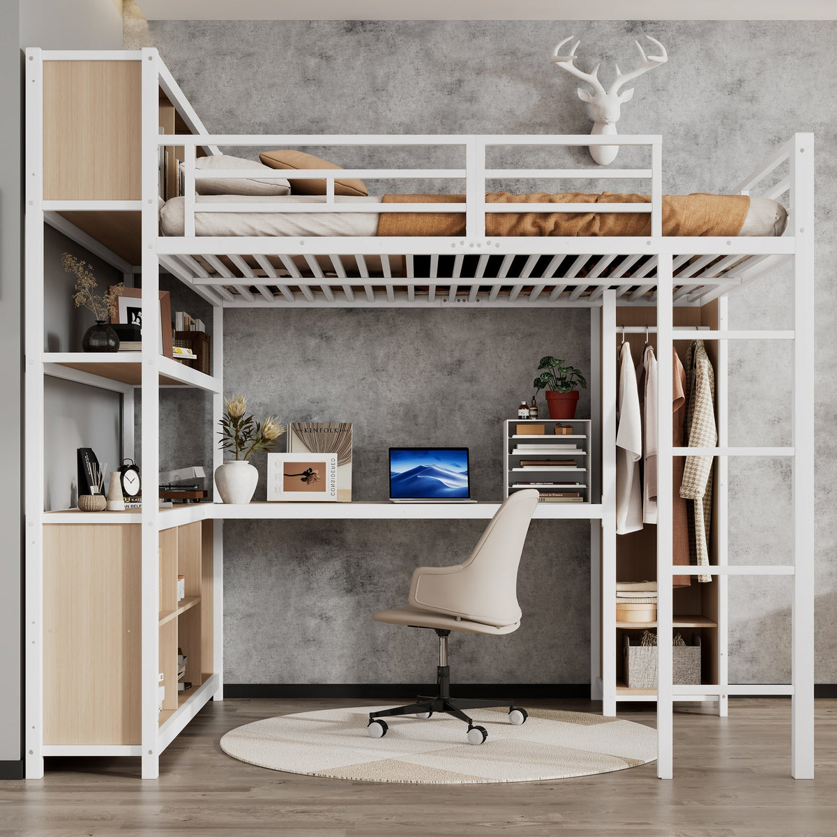 Iron Loft Bed, Double Storage, Wardrobe, White & Natural Iron
