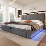 Upholstered Bed 180x200cm with Hydraulic Storage & LED, Grey Linen