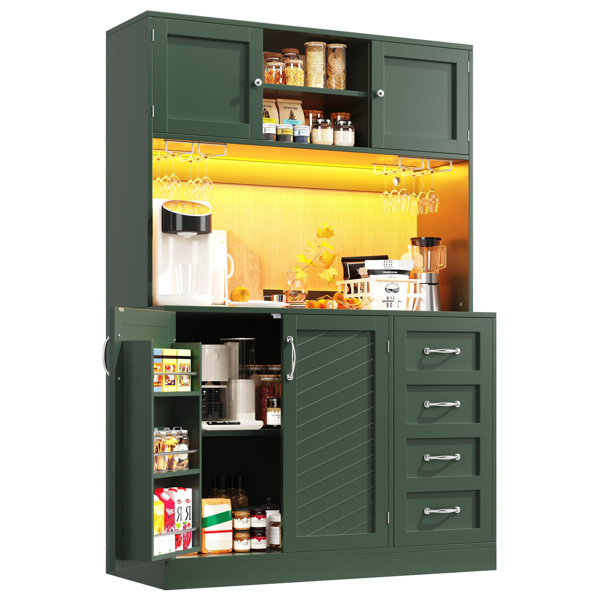 Sideboard with LED Lighting and Drink Holders, Green and White