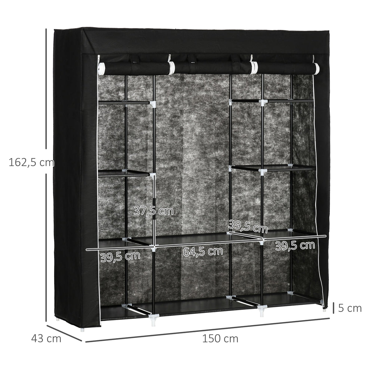 Fabric Wardrobe, Zippered 1 Clothes Rail 10 Shelves, Nonwoven Fabric