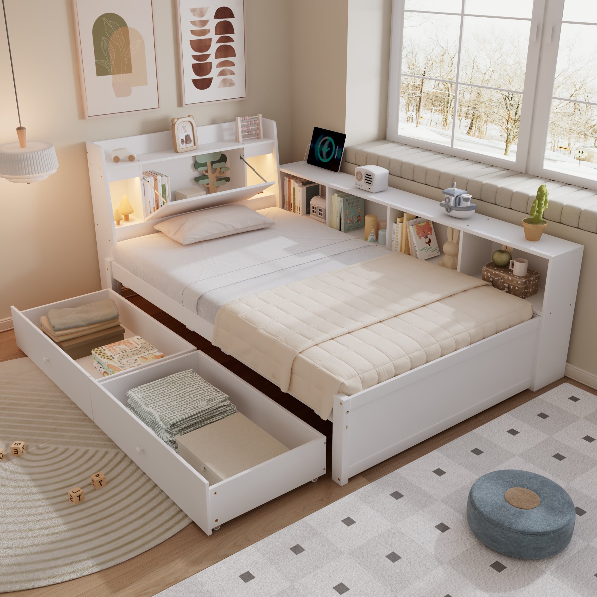 Single Panel Bed, Storage Headboard Lights Charging Drawers 90x200cm, White Pine/MDF