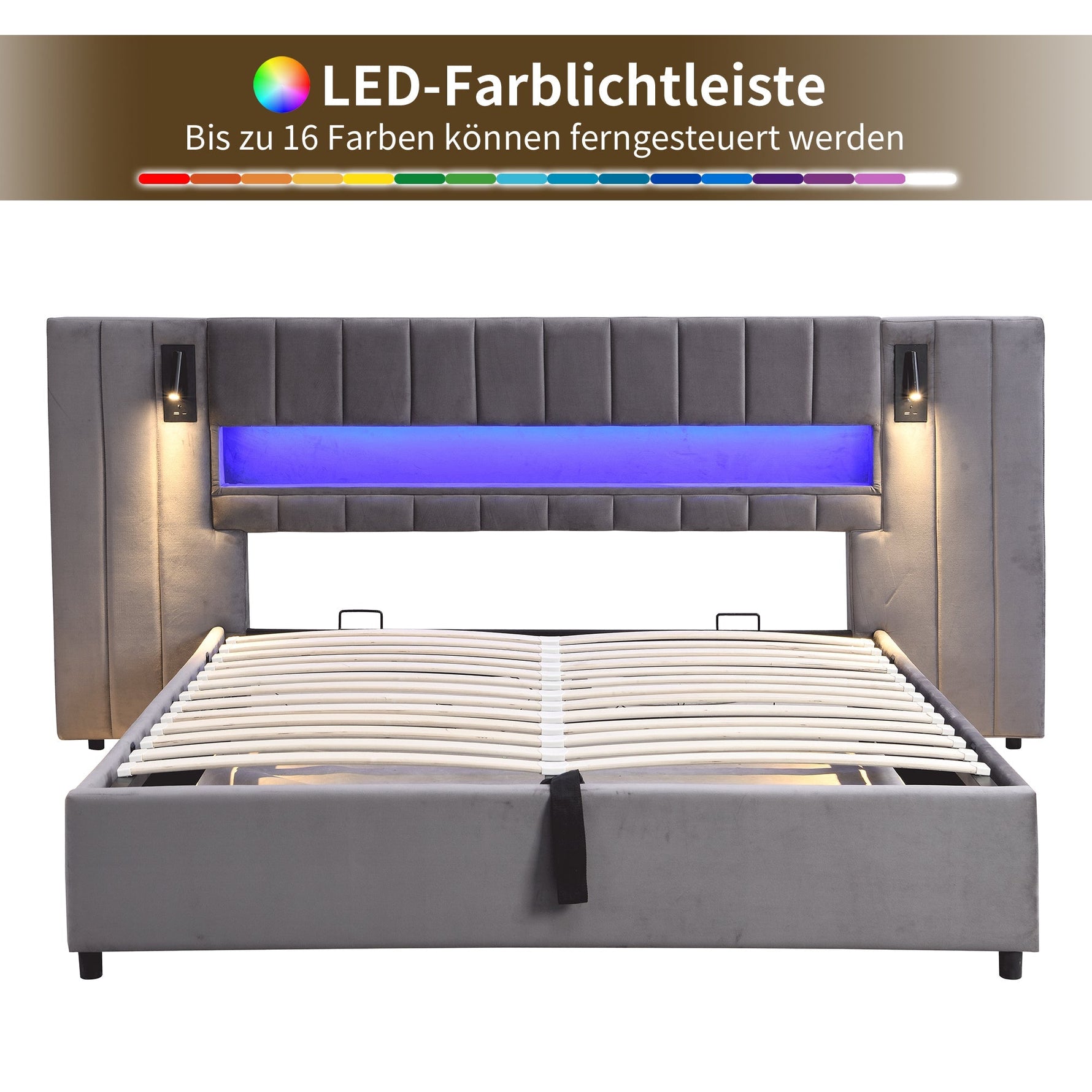 Upholstered Double Bed 180x200cm USB LED Storage - Velvet Grey