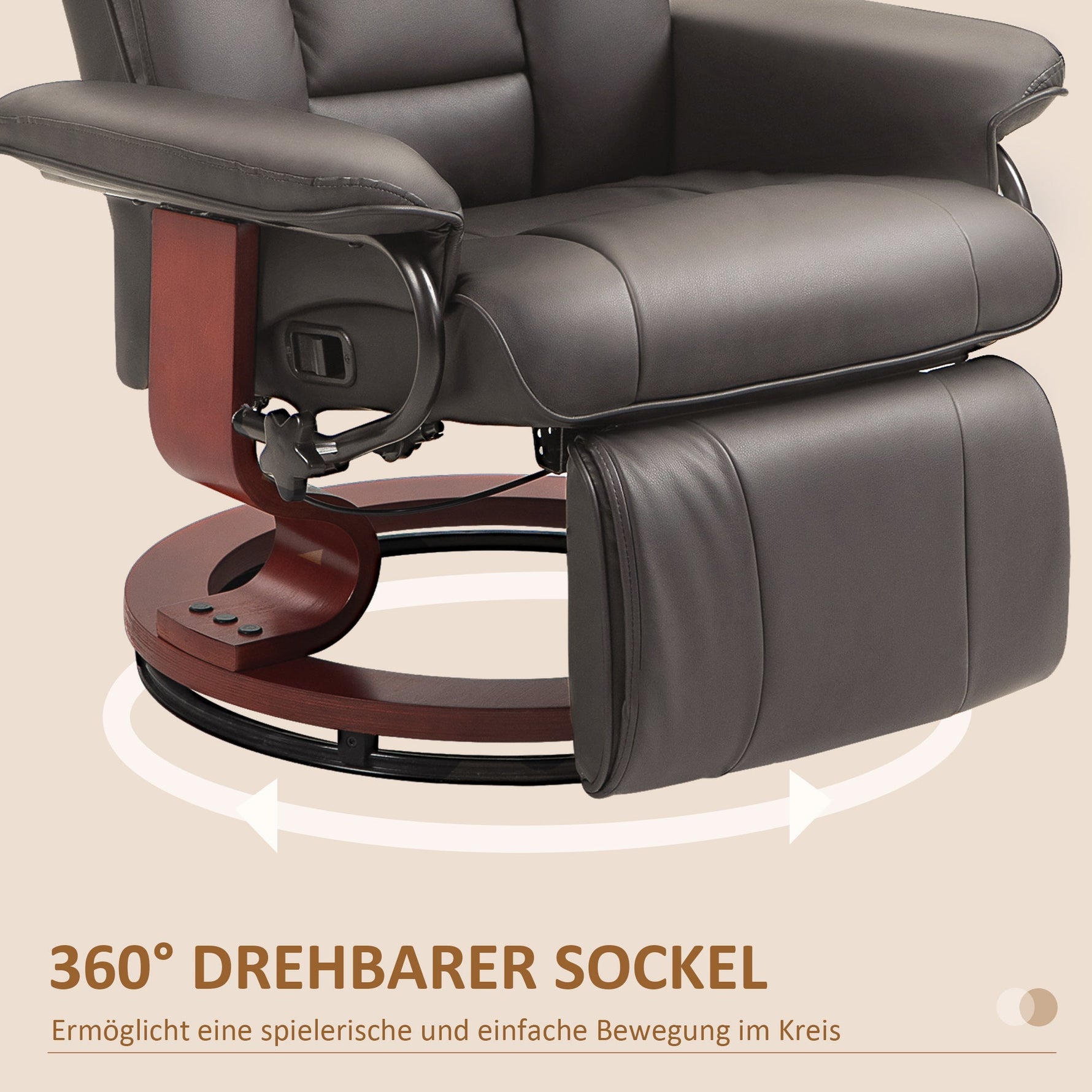 Reclining TV Armchair, Swivel Adjustable Backrest 150 kg Capacity, Faux Leather Brown