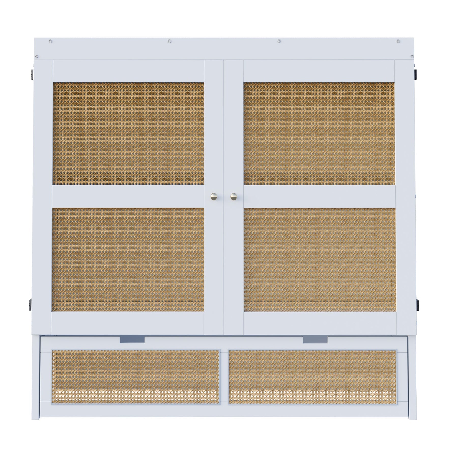 Wall Bed 140x200cm, Vertical with Slatted Frame & Storage Drawers, Rattan Design White