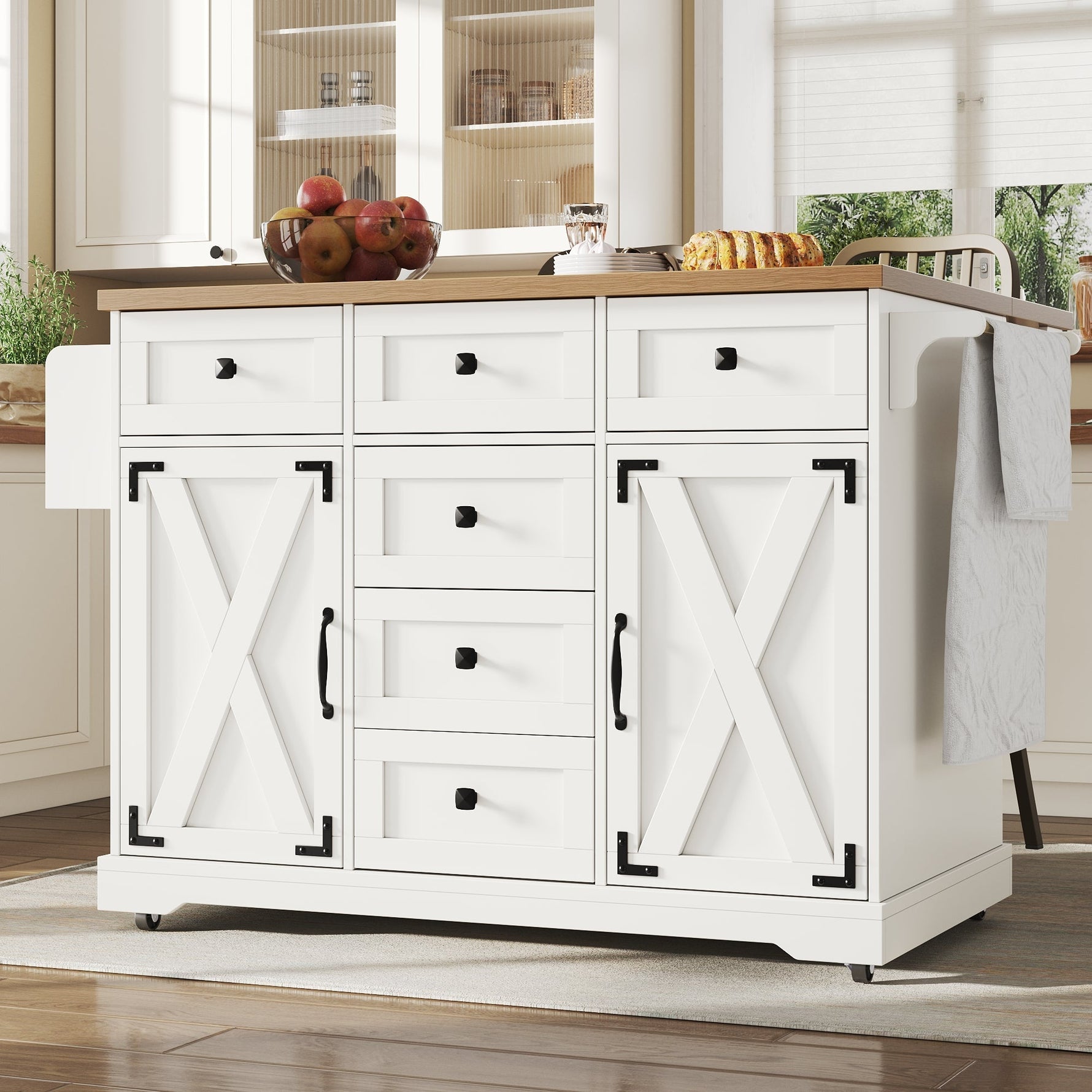 Kitchen Island Serving Trolley - Storage Wood Grain - White