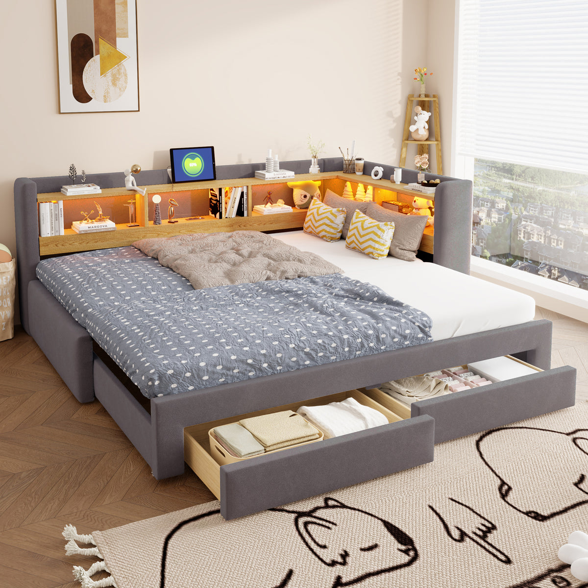 3-in-1 Sofa Daybed 90x200cm Extendable with LED & Drawers