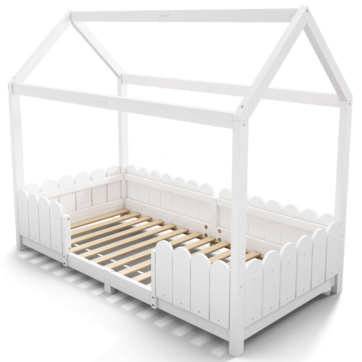 House bed 90x200 cm - versatile wooden children's bed with fall protection and slatted frame - white