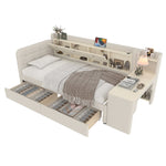 Daybed with Desk and Drawers, USB Ports and Storage, Beige Linen