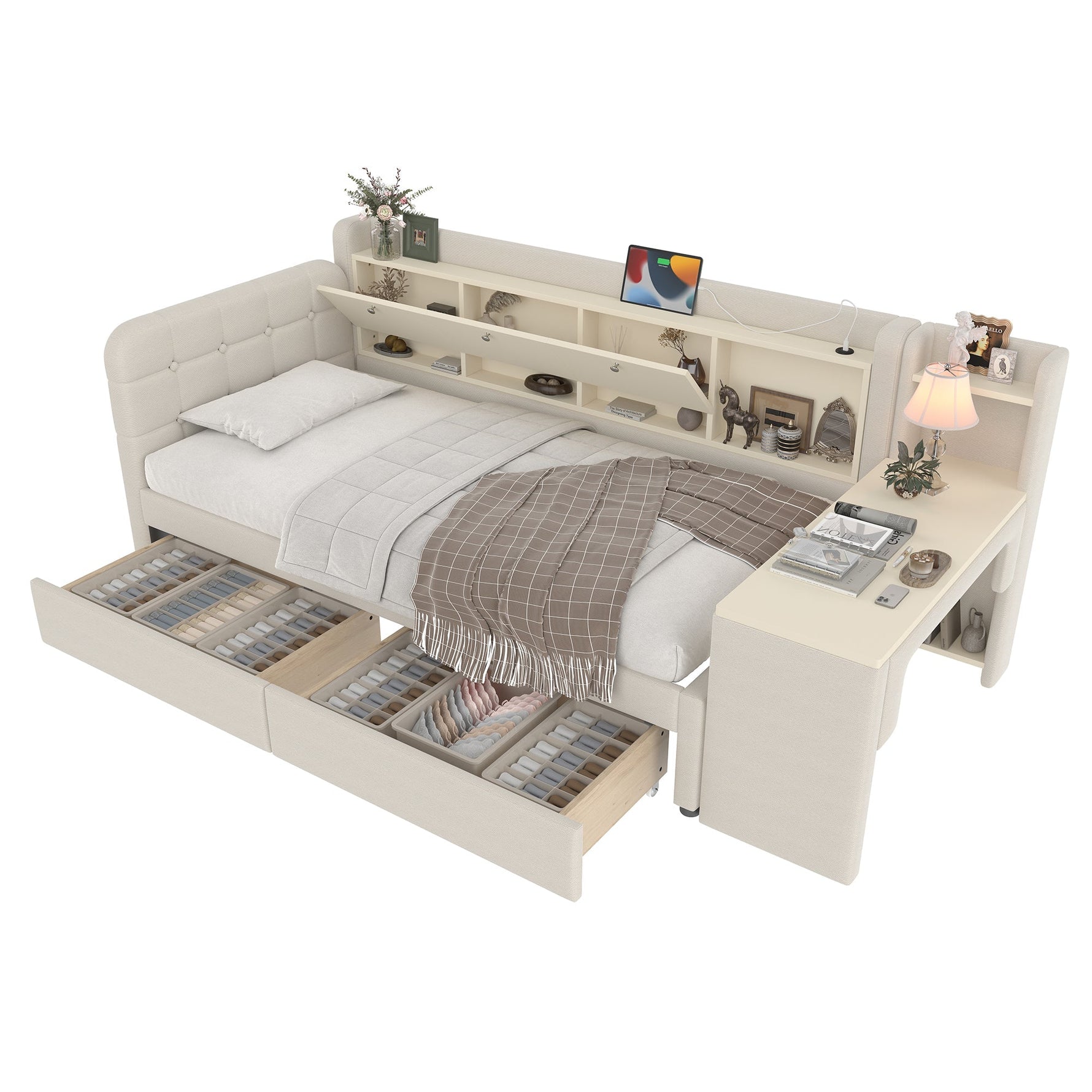 Daybed with Desk and Drawers, USB Ports and Storage, Beige Linen