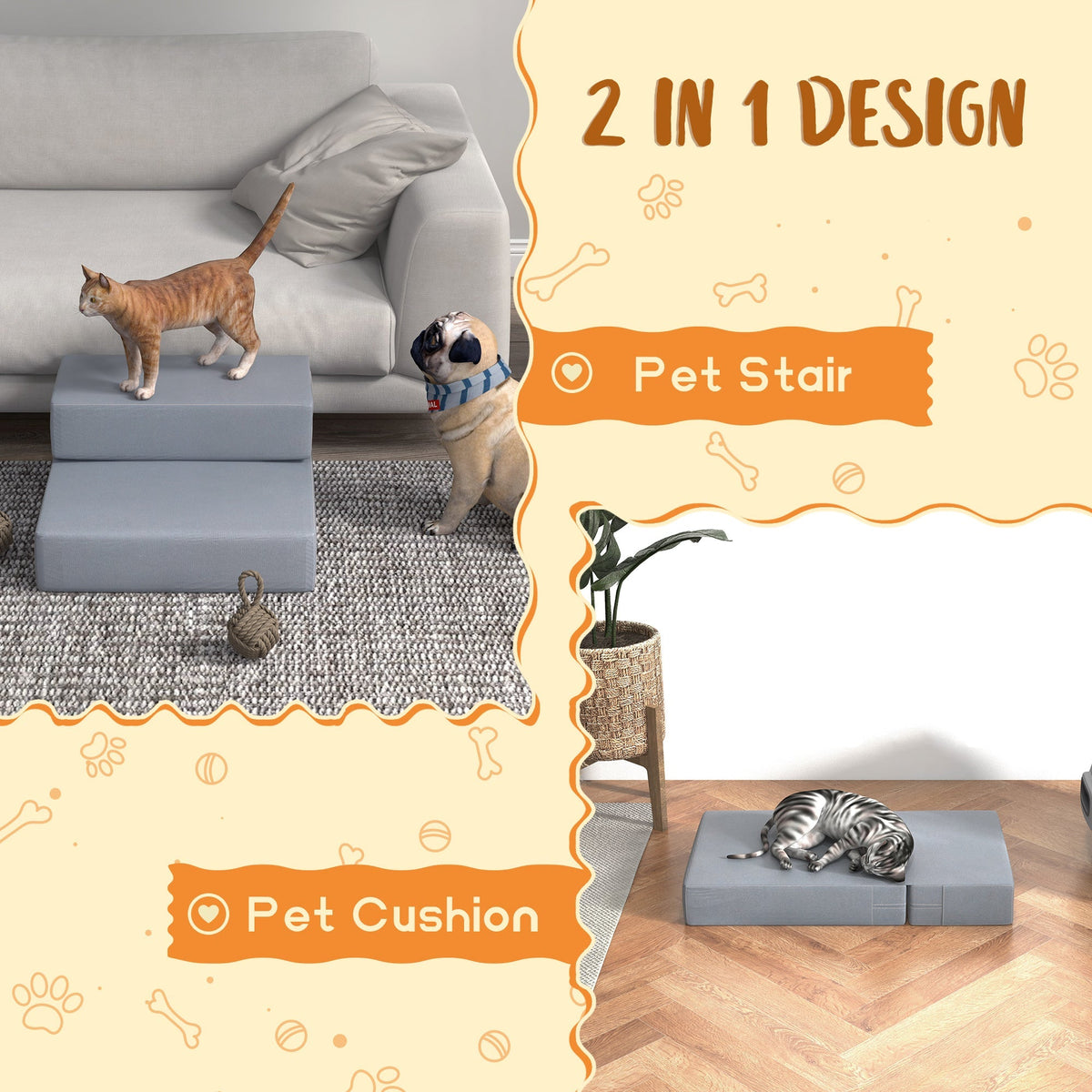Pet Stairs, 2 Steps Foldable, Dog Stairs, Grey PU Leather