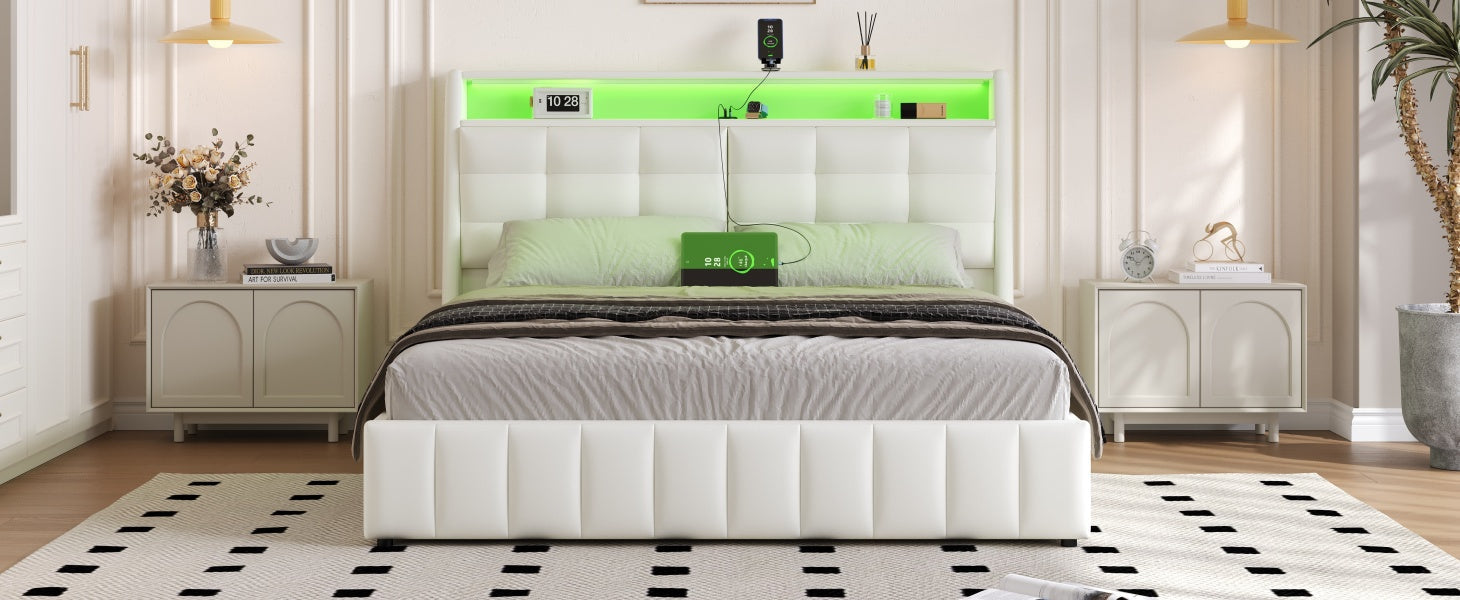 Upholstered Platform Bed 160x200 LED USB Storage Adjustable Headboard - White