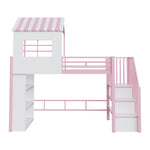 House Loft Bed 90x200cm with Storage Shelf & Stairs, Pink Iron