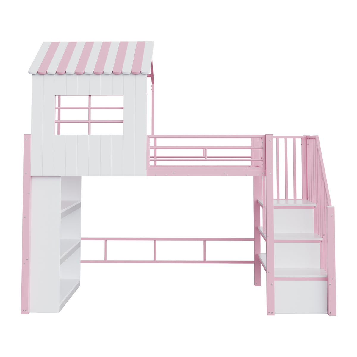 House Loft Bed 90x200cm with Storage Shelf & Stairs, Pink Iron