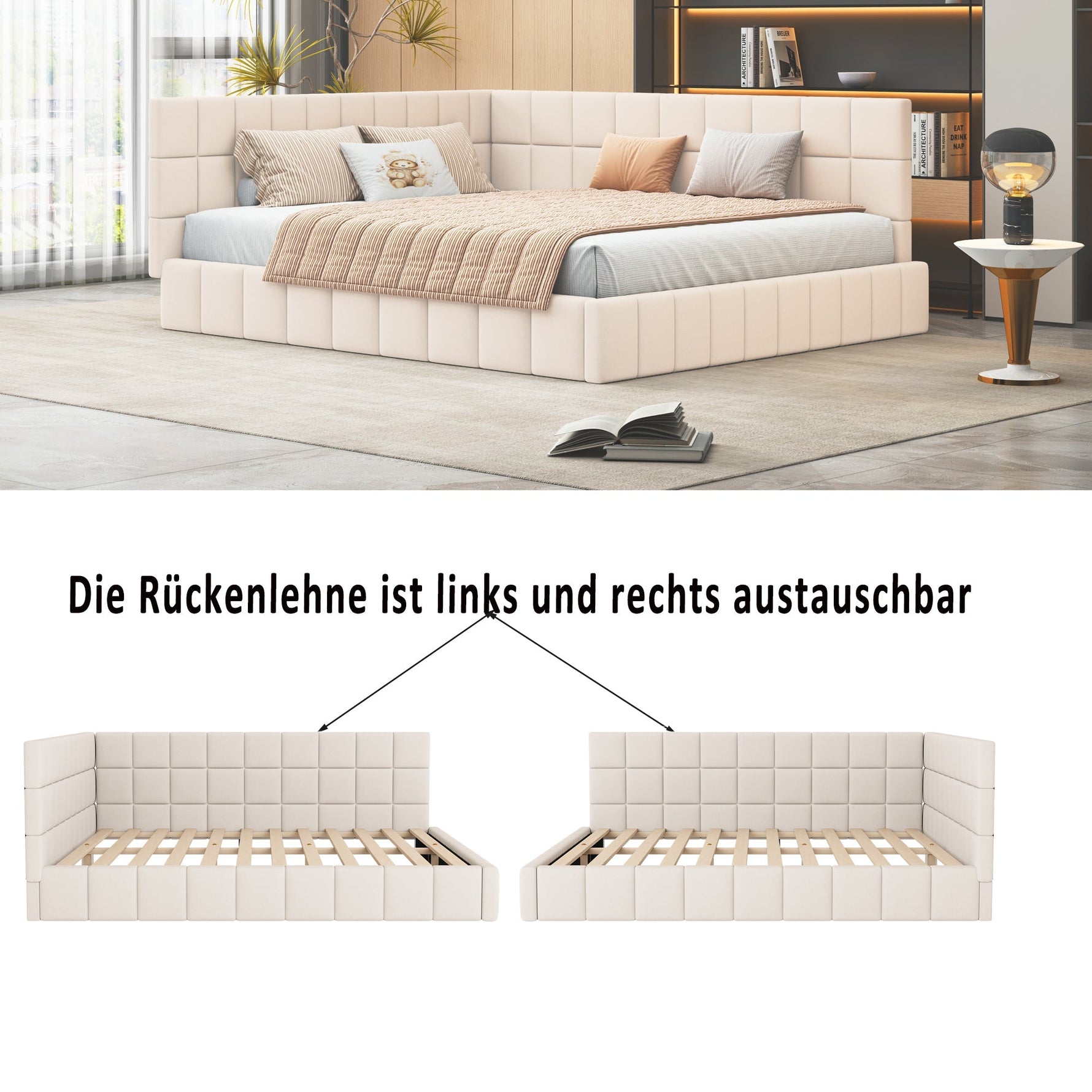 Upholstered Bed Sofa Bed 160x200 Multifunctional Slatted Frame Velvet Beige