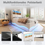 Children's Bed 90×200cm Hydraulic Storage LED USB Port, Linen Beige
