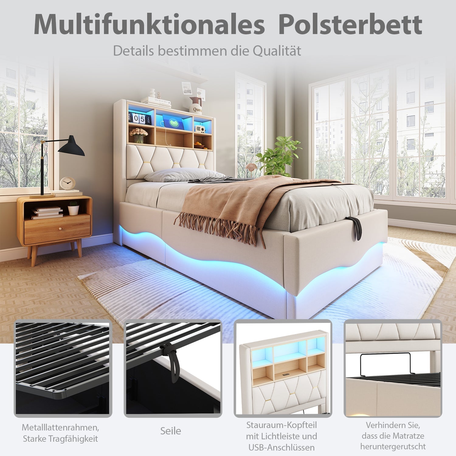 Children's Bed 90×200cm Hydraulic Storage LED USB Port, Linen Beige