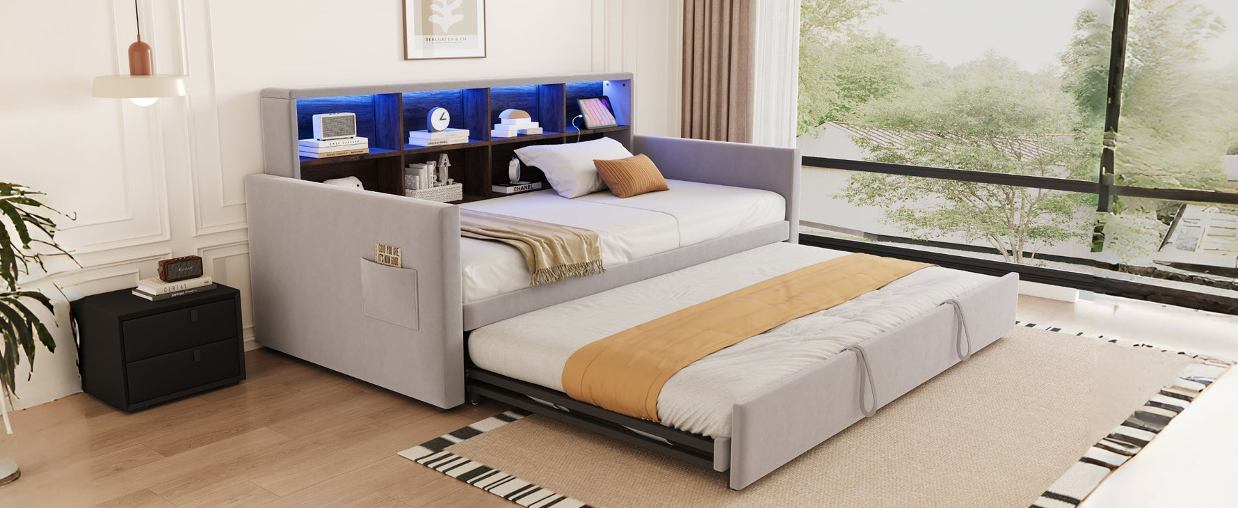 Upholstered Sofa Bed 90x190cm with Storage Headboard, LED Lights and Charging Ports, Velvet, Light Grey