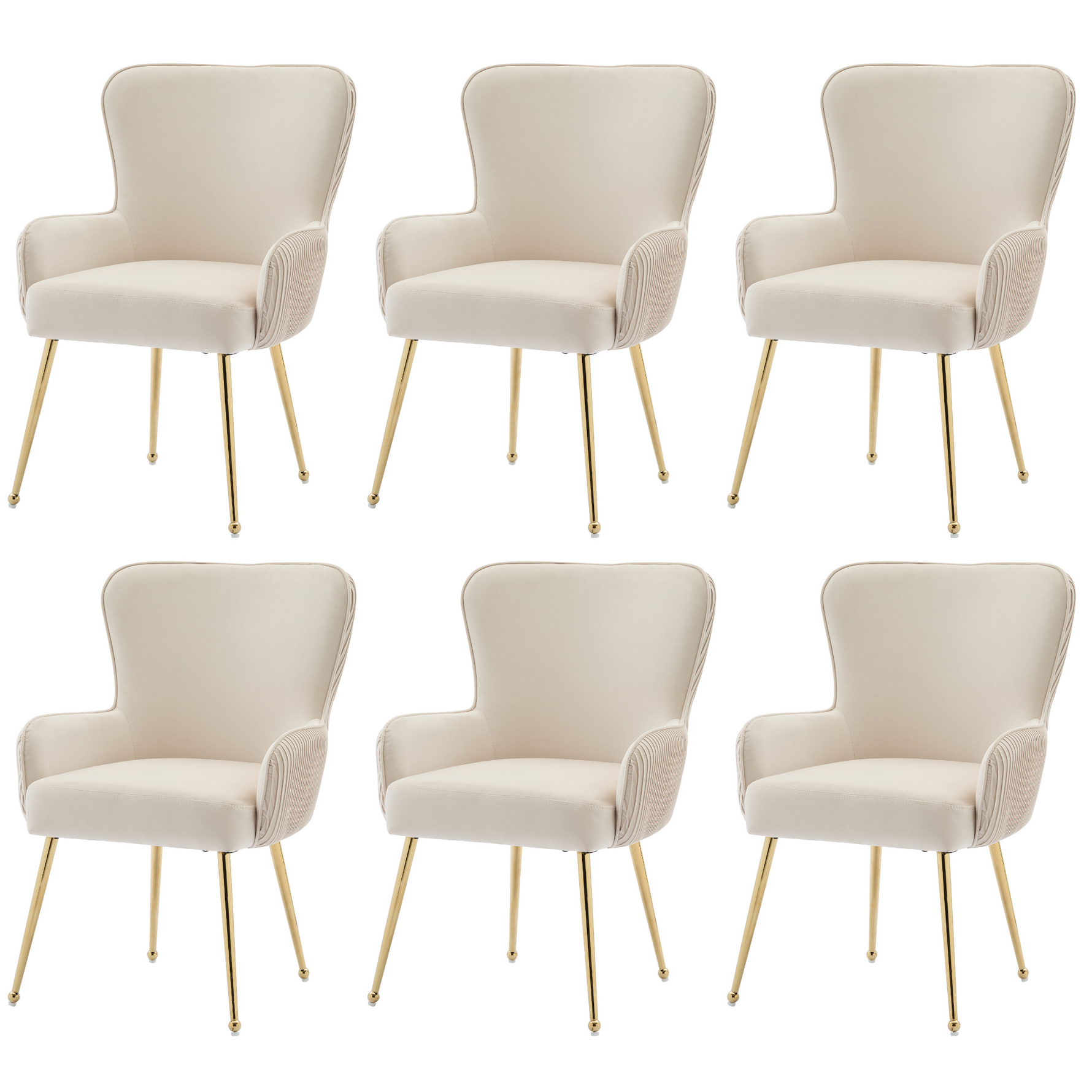 Velvet Dining Chair Set of 6, Luxurious Lounge with Armrests, Lumbar Support, Gold Legs, Beige