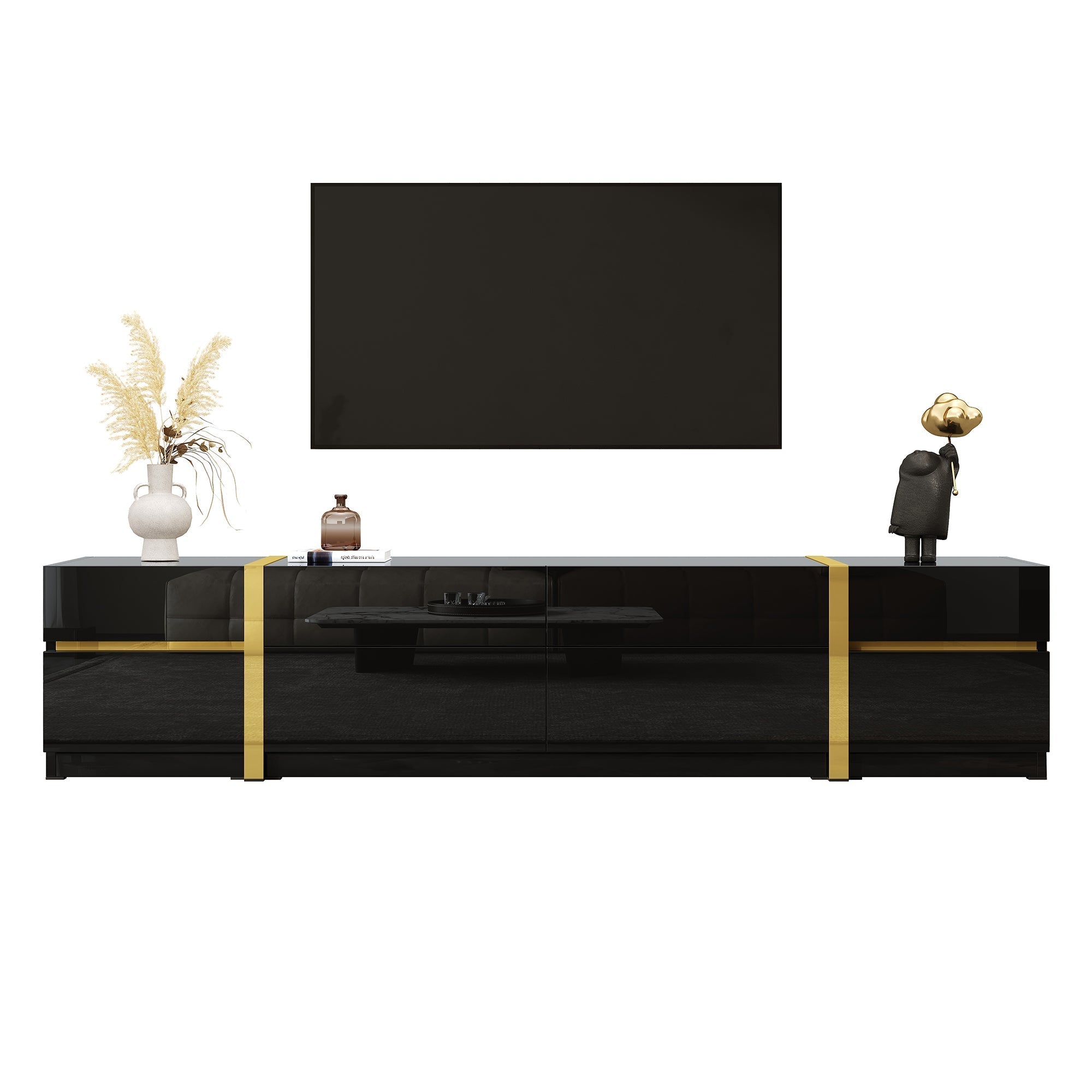 Luxurious TV Stand with Drawers and Doors, Modern High-Gloss Finish, Gold Edges