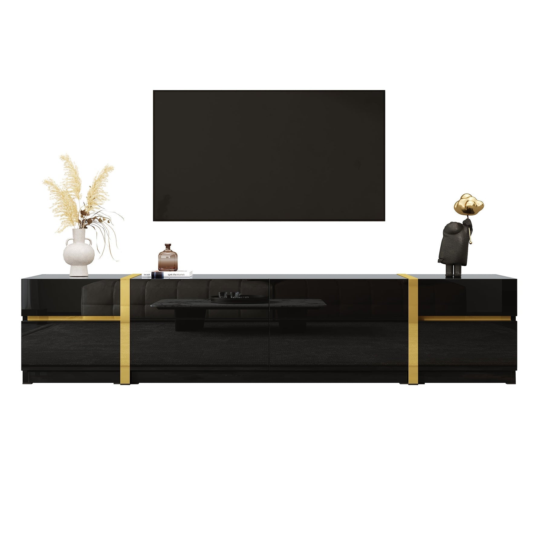 Luxurious TV Stand with Drawers and Doors, Modern High-Gloss Finish, Gold Edges