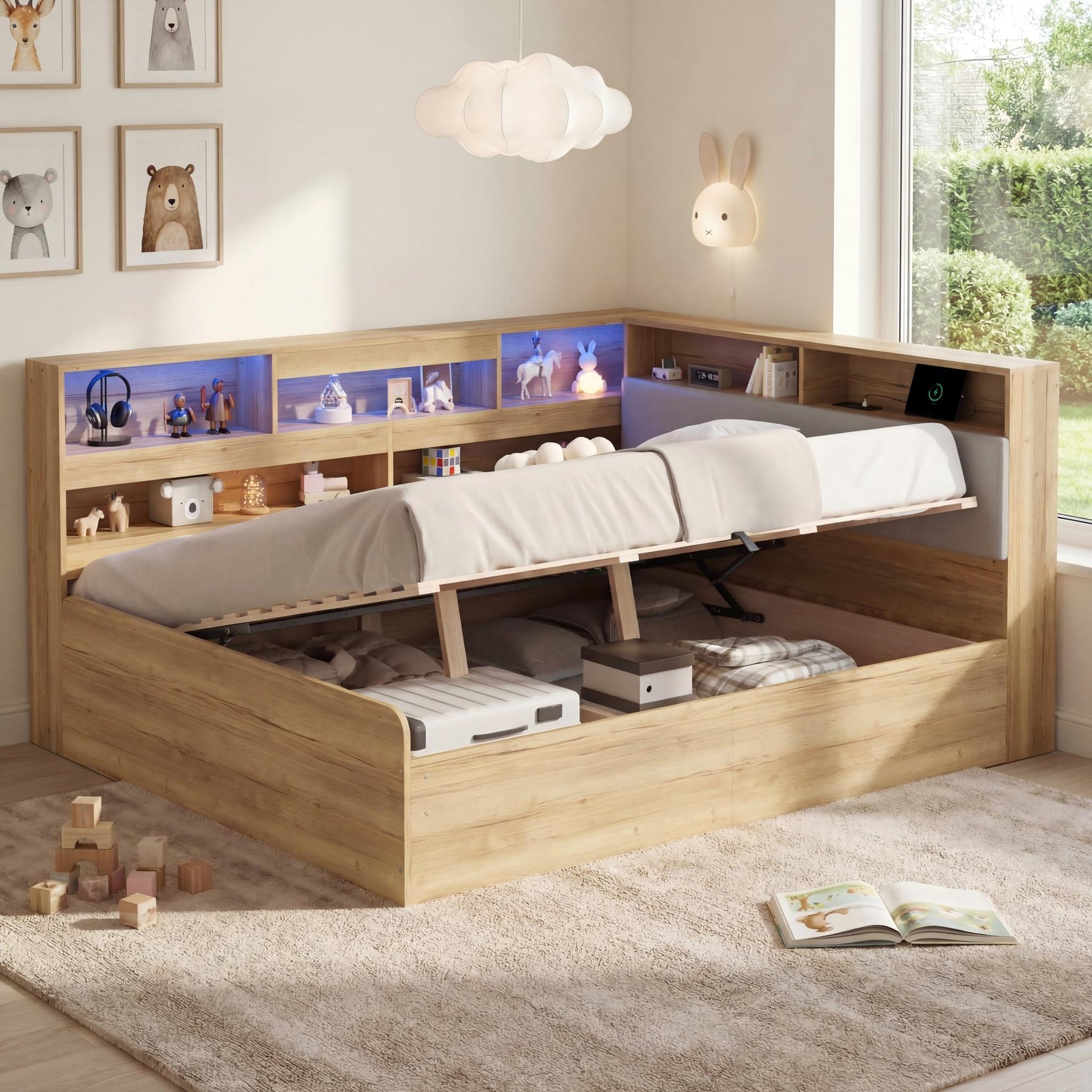 Daybed with Hydraulic Storage, USB Charging and LED Lighting, 140x200cm, Natural Wood