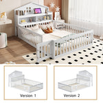Children's Bed 140x200, Solid Wood House Frame with Shelves & Storage, White