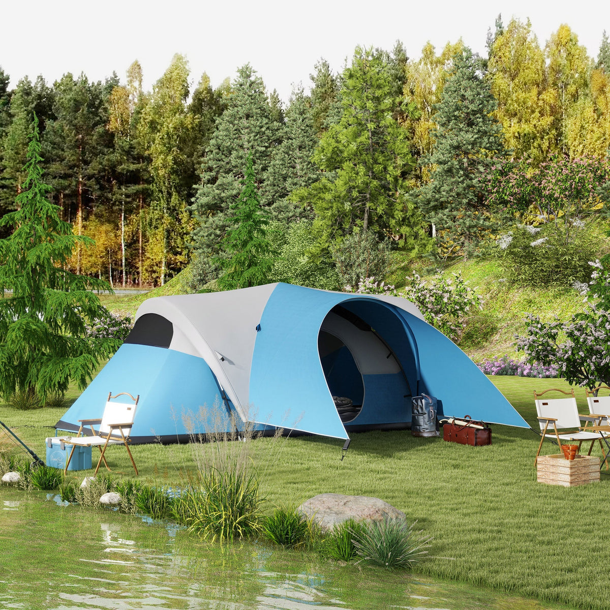 Tunnel Tent, Family Camping, Water-Repellent, 6 Person, Blue