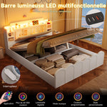 Panel Bed 140x200cm Hydraulic Storage USB-C LED Lighting White