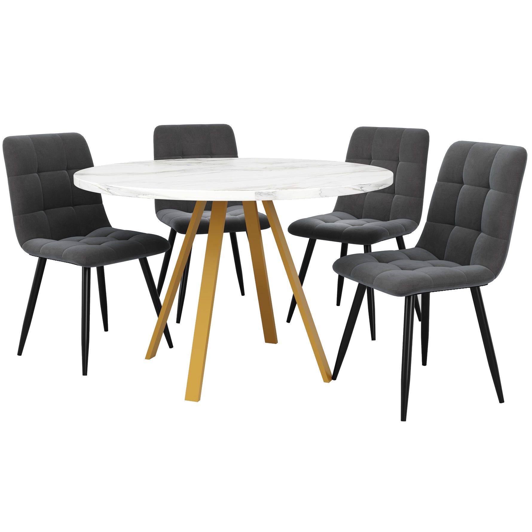 Dining Table Set 5-Piece Round 80x80x75 cm 4 Velvet Chairs, White Marble/Grey