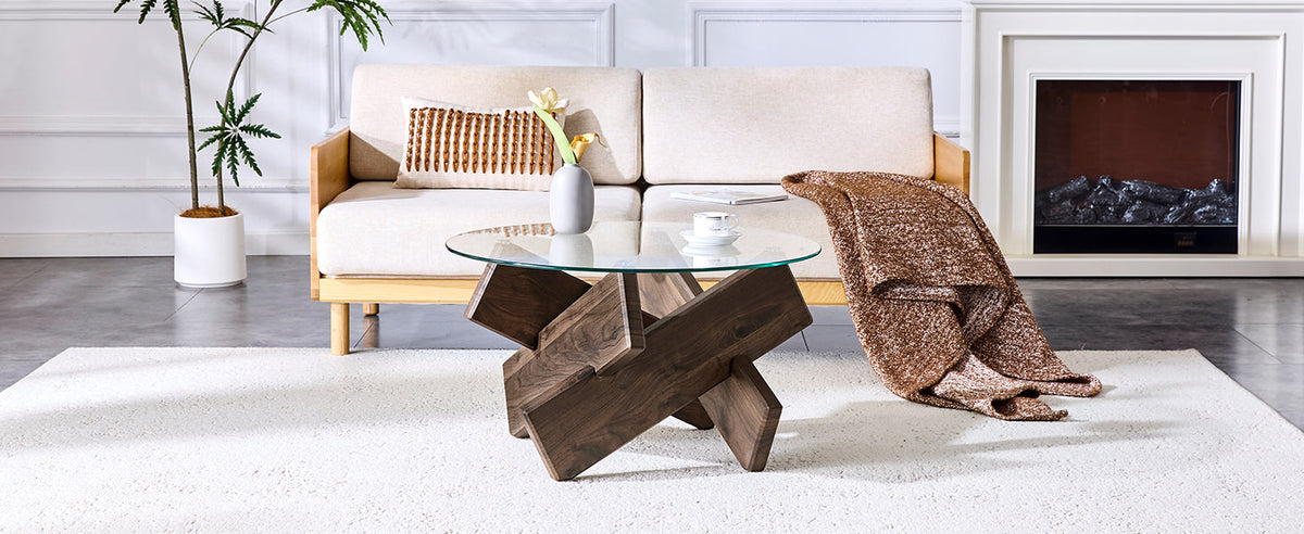 Round Coffee Table 79cm Tempered Glass Top Deep Legs - Walnut Wood Grain MDF