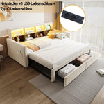 Extendable Upholstered Sofa Bed with LED Headboard, Storage and USB Charging, Beige Velvet