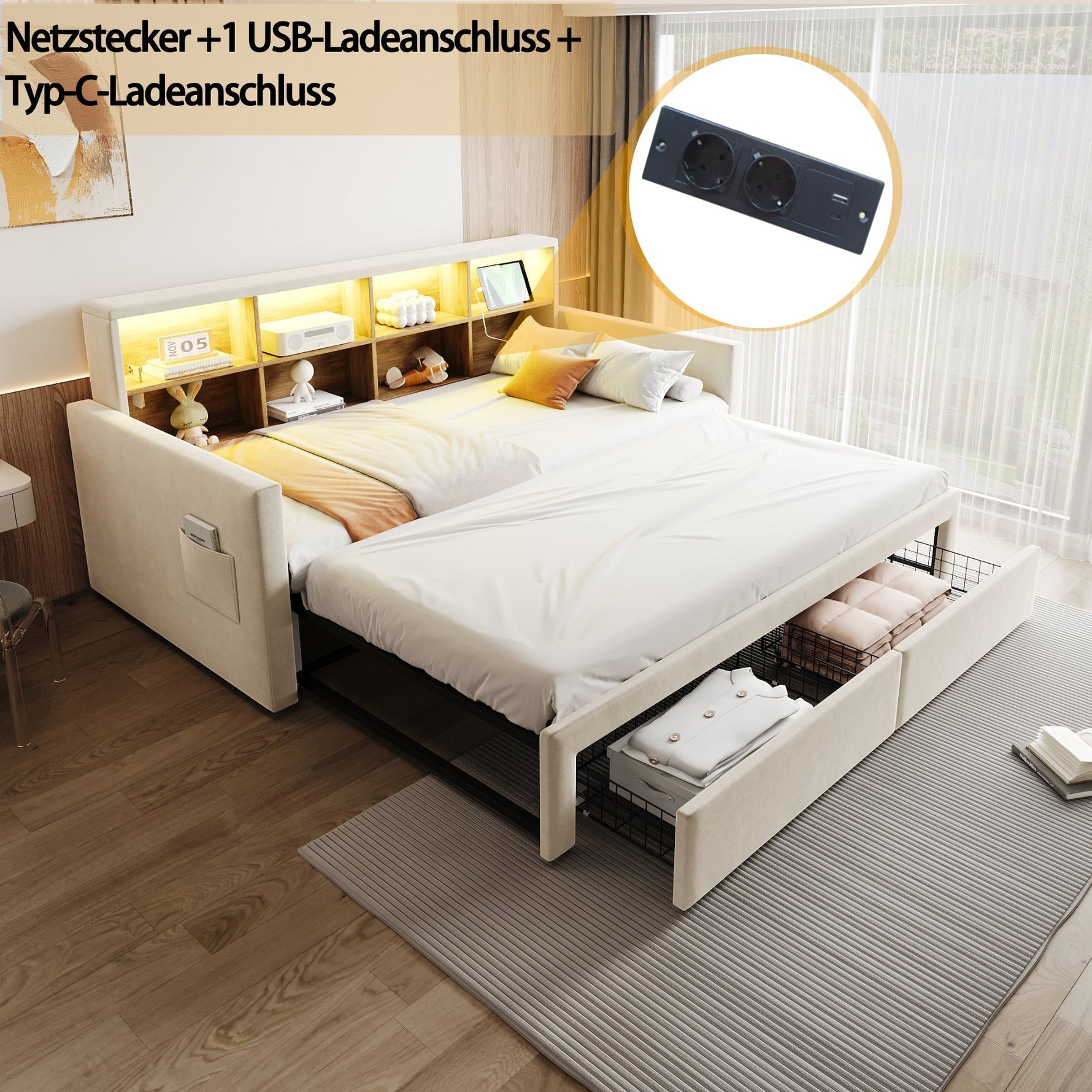 Extendable Upholstered Sofa Bed with LED Headboard, Storage and USB Charging, Beige Velvet