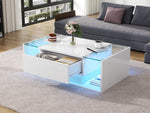 Coffee Table, 1 Drawer LED Light Tempered Glass, White High-Gloss