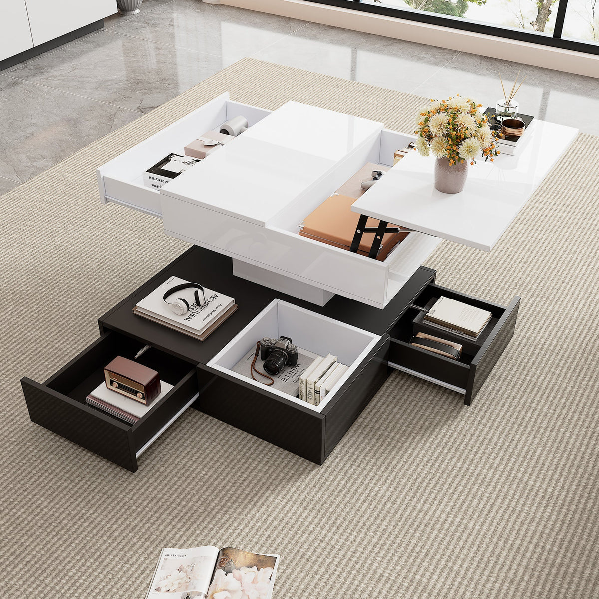 Coffee Table, 360° Rotating Top, 3 Drawers, Liftable, White & Black