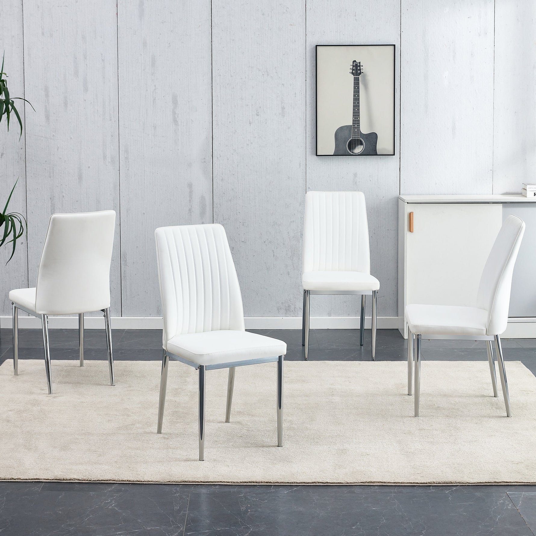 Dining Chairs 4-Piece Set, Silver Metal Legs, White PU Leather